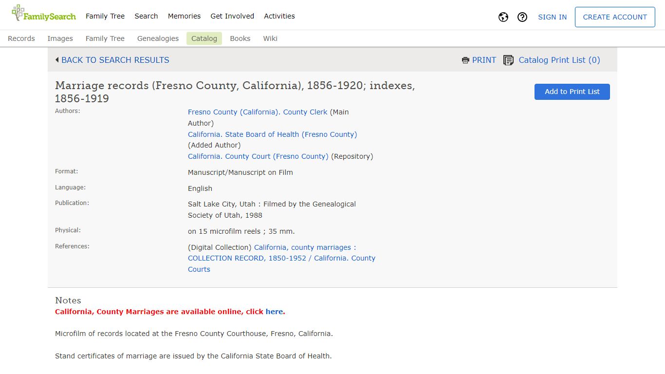 FamilySearch Catalog: Marriage records (Fresno County ...